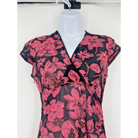 Y2K Sheer Midi Babydoll Dress Floral Sequin Asymmetric Hem Boho Festival Lace - Picture 2 of 10